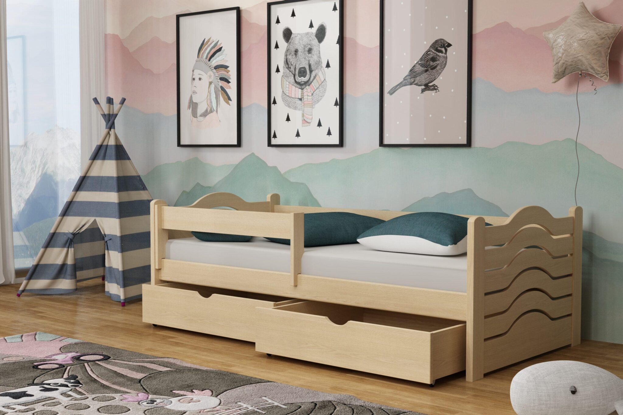 Dřevěná postel PINOKIO 04 80x180 cm borovice masiv s úložným prostorem