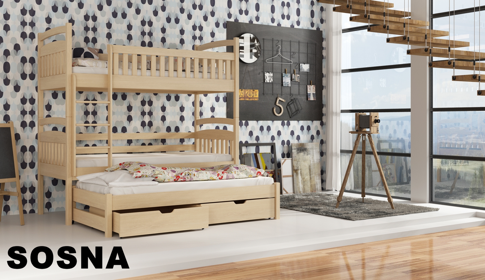 Patrová postel Arek 190x90 cm s přistýlkou a úložným prostorem 