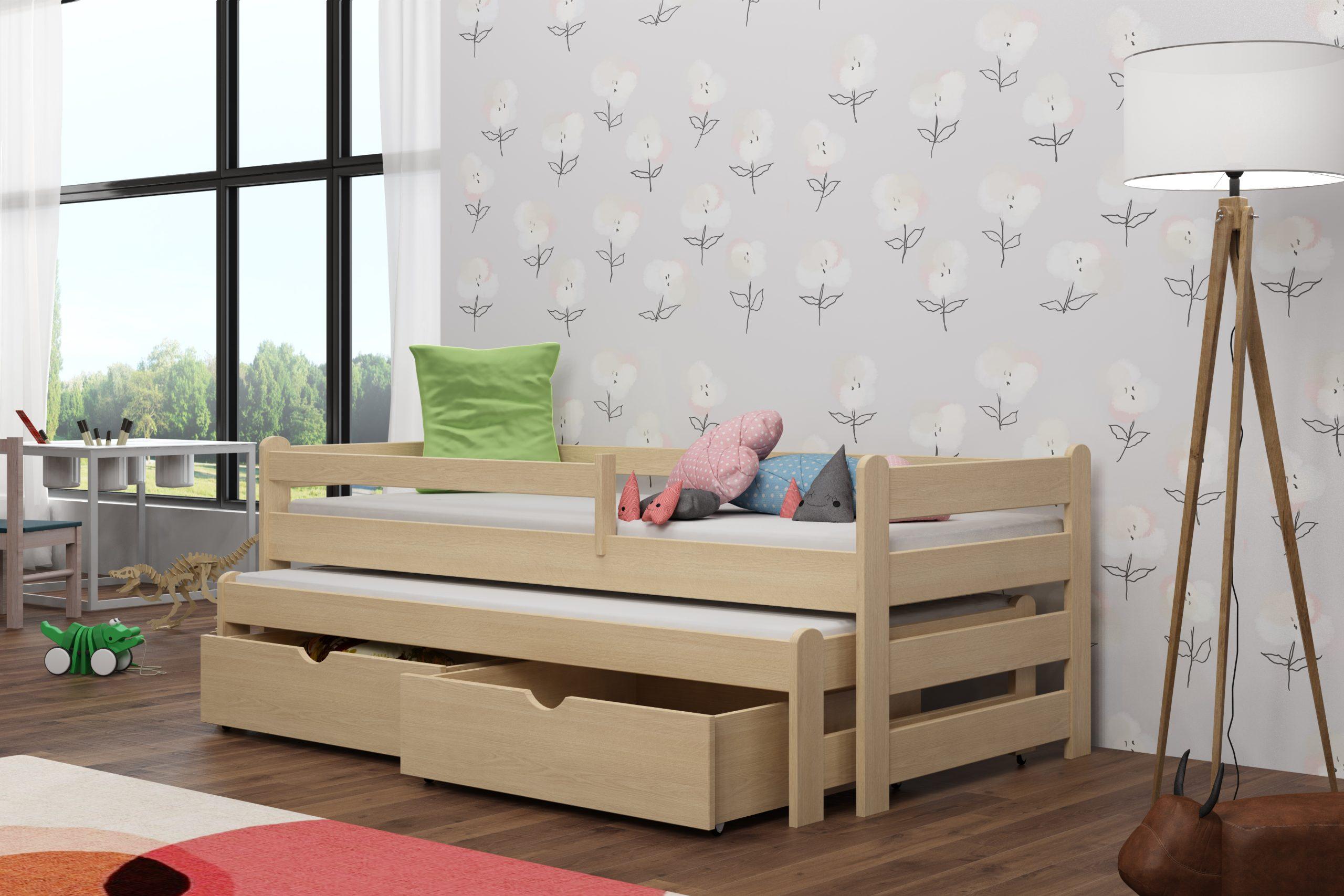 Dřevěná postel s výsuvnou přistýlkou ALEKS 01 80x200 cm borovice masiv s úložným prostorem
