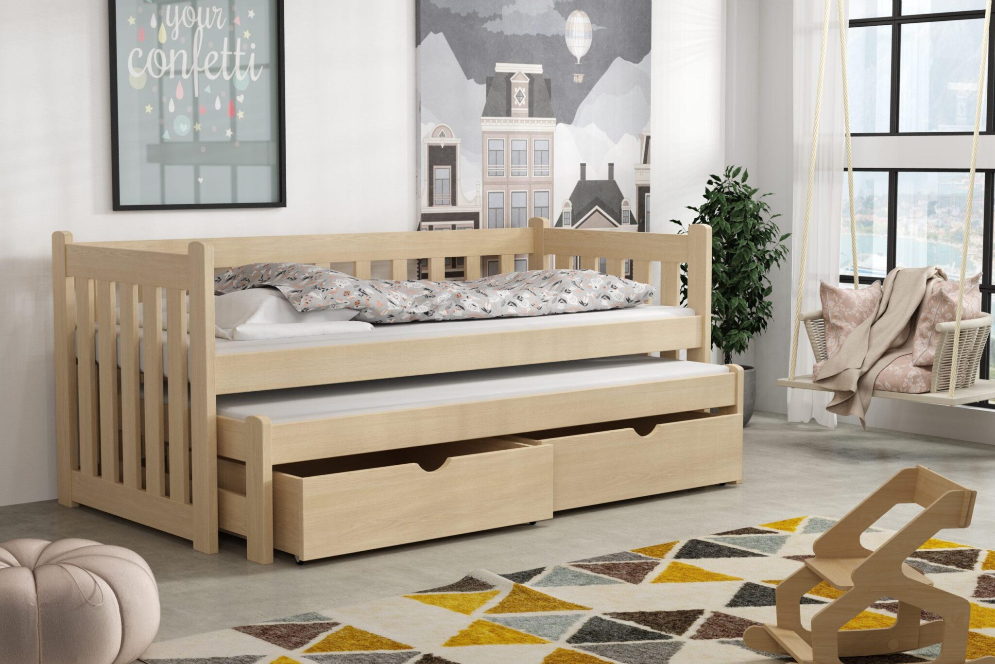 Dřevěná postel s výsuvnou přistýlkou KRZY 02 80x200 cm borovice masiv s úložným prostorem
