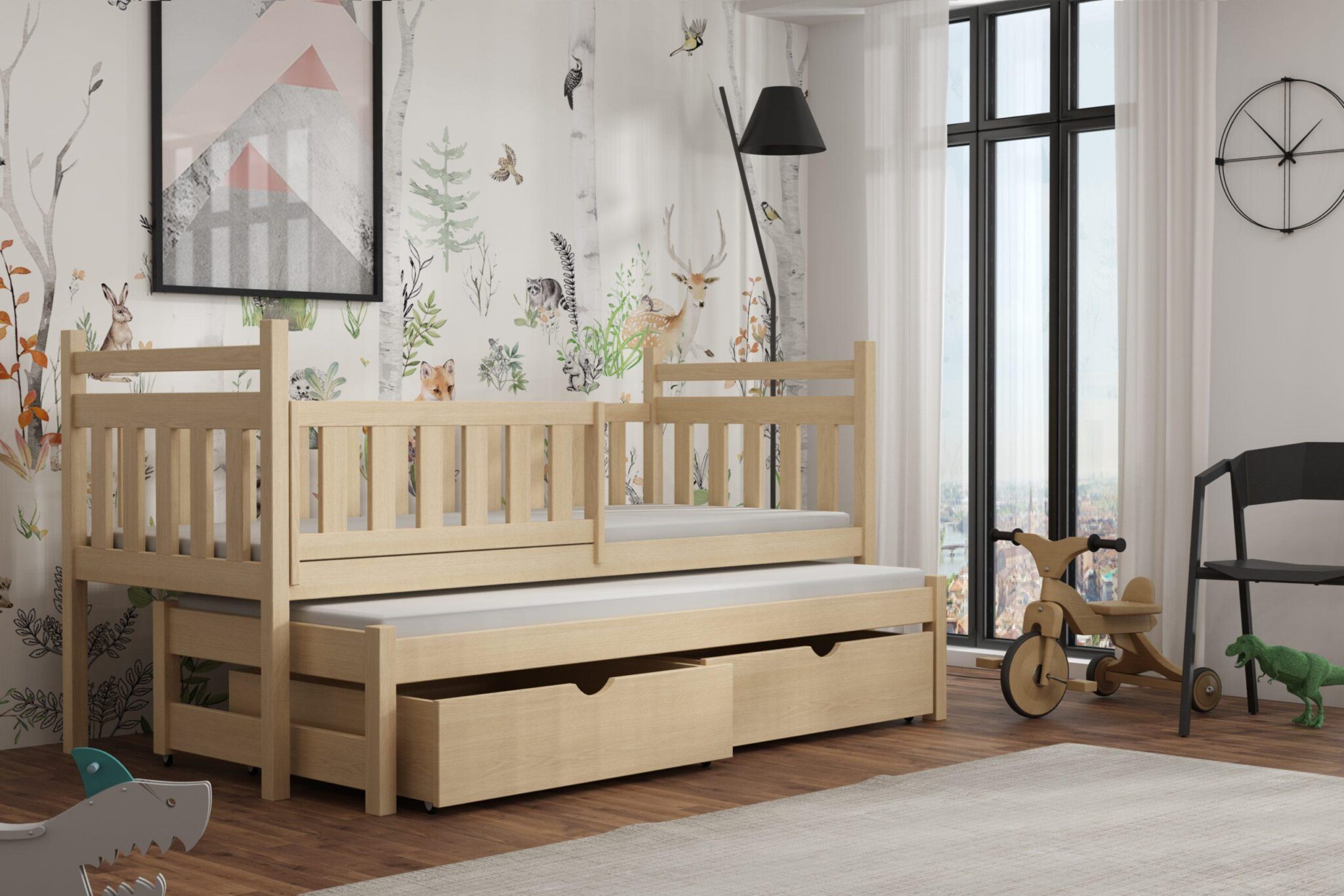 Dřevěná postel s výsuvnou přistýlkou PUCHA 04 80x180 cm borovice masiv s úložným prostorem 
