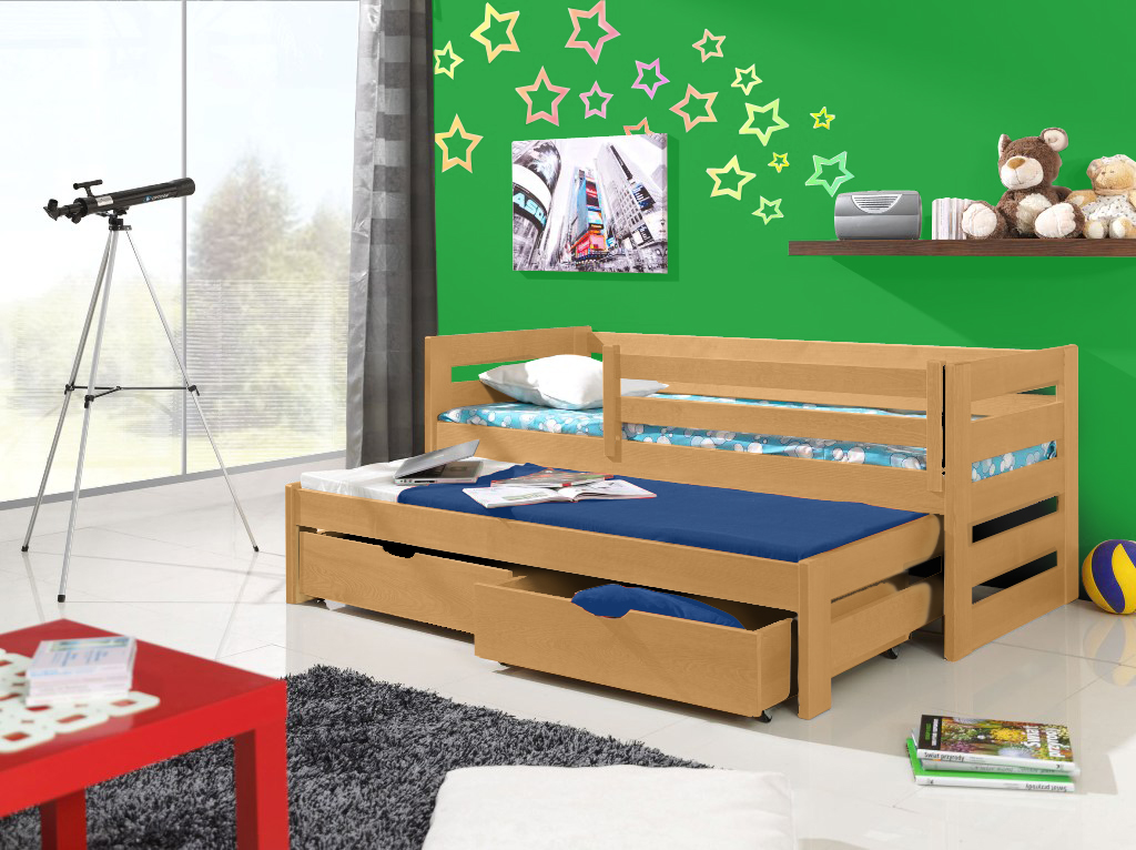 Dřevěná postel KUBA 90x200 cm s přistýlkou a úložným prostorem borovice masiv