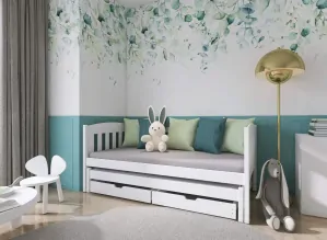 Postel AMÁLKA 90x200 cm s výsuvným lůžkem a úložným prostorem borovice masiv - více odstínů