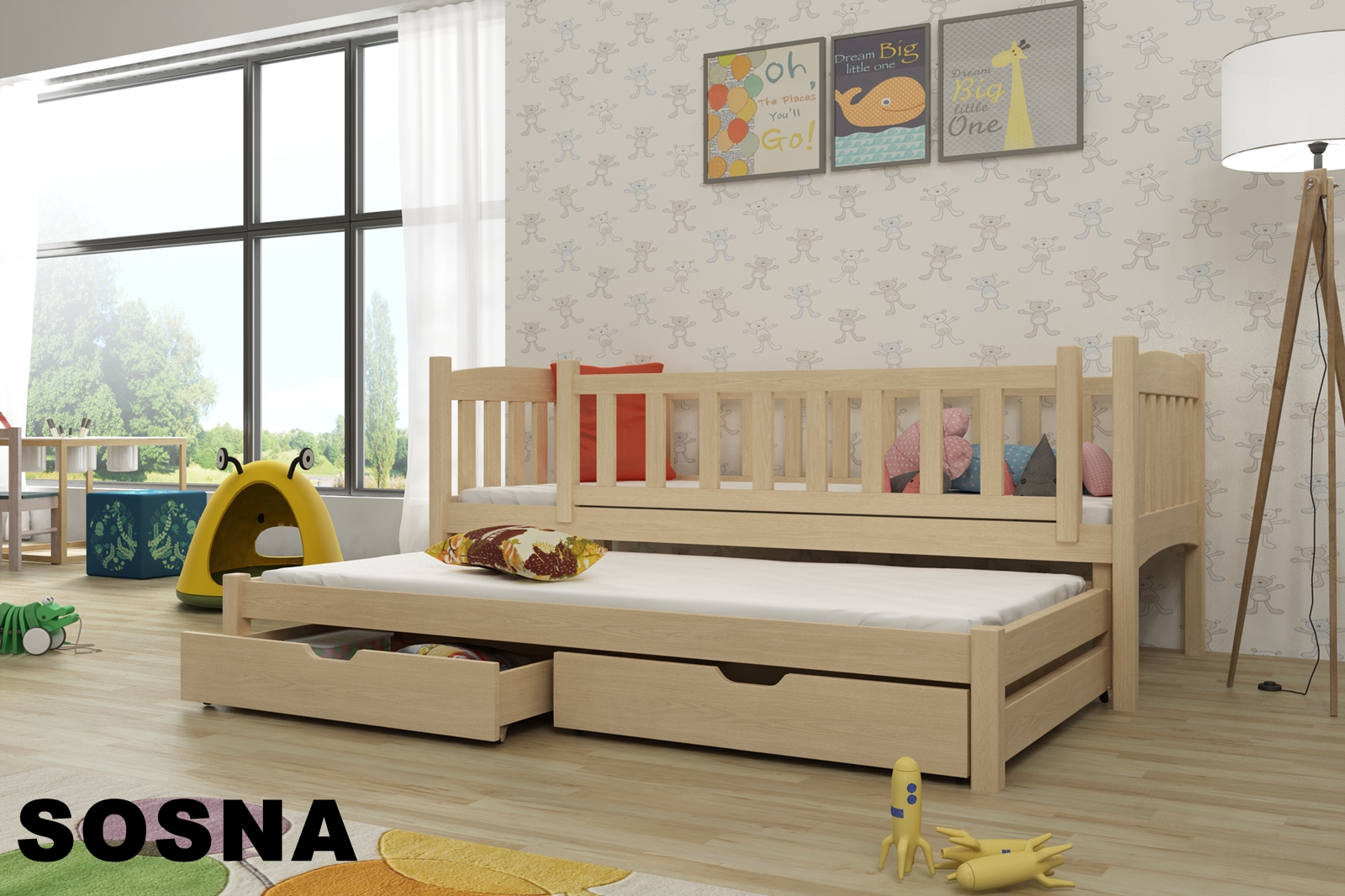 Postel AMÁLKA 80x180 cm s výsuvným lůžkem a úložným prostorem masiv