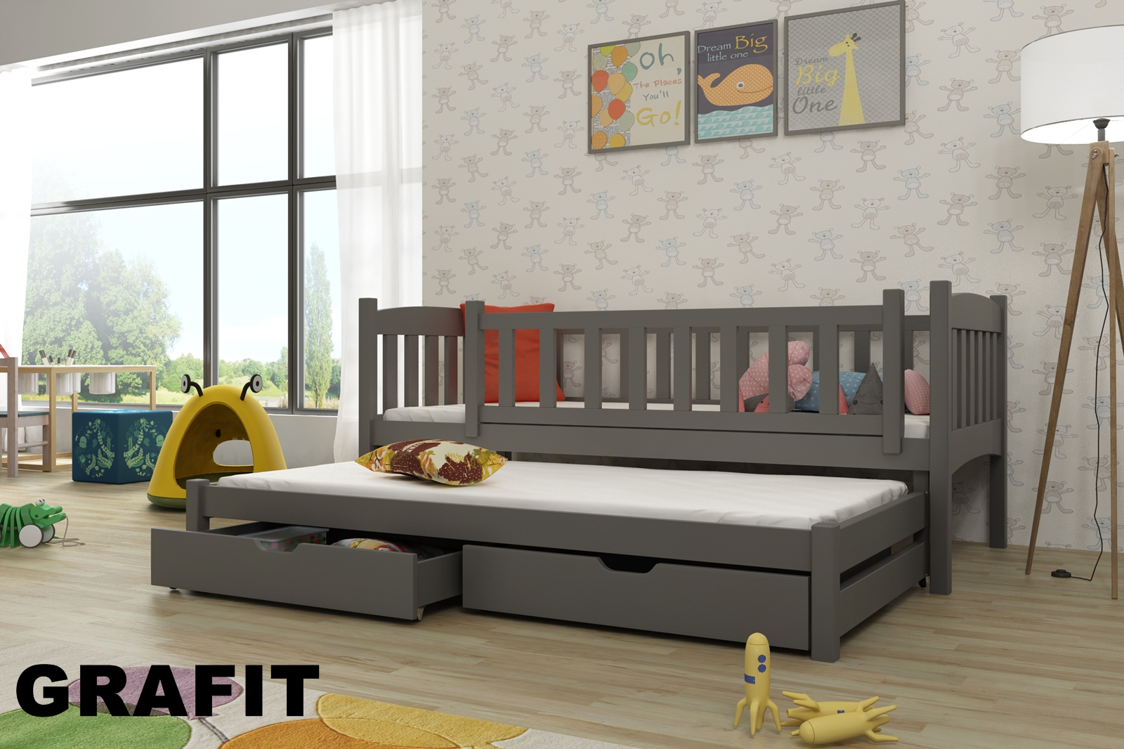 Postel AMÁLKA 80x180 cm s výsuvným lůžkem a úložným prostorem masiv GRAFIT