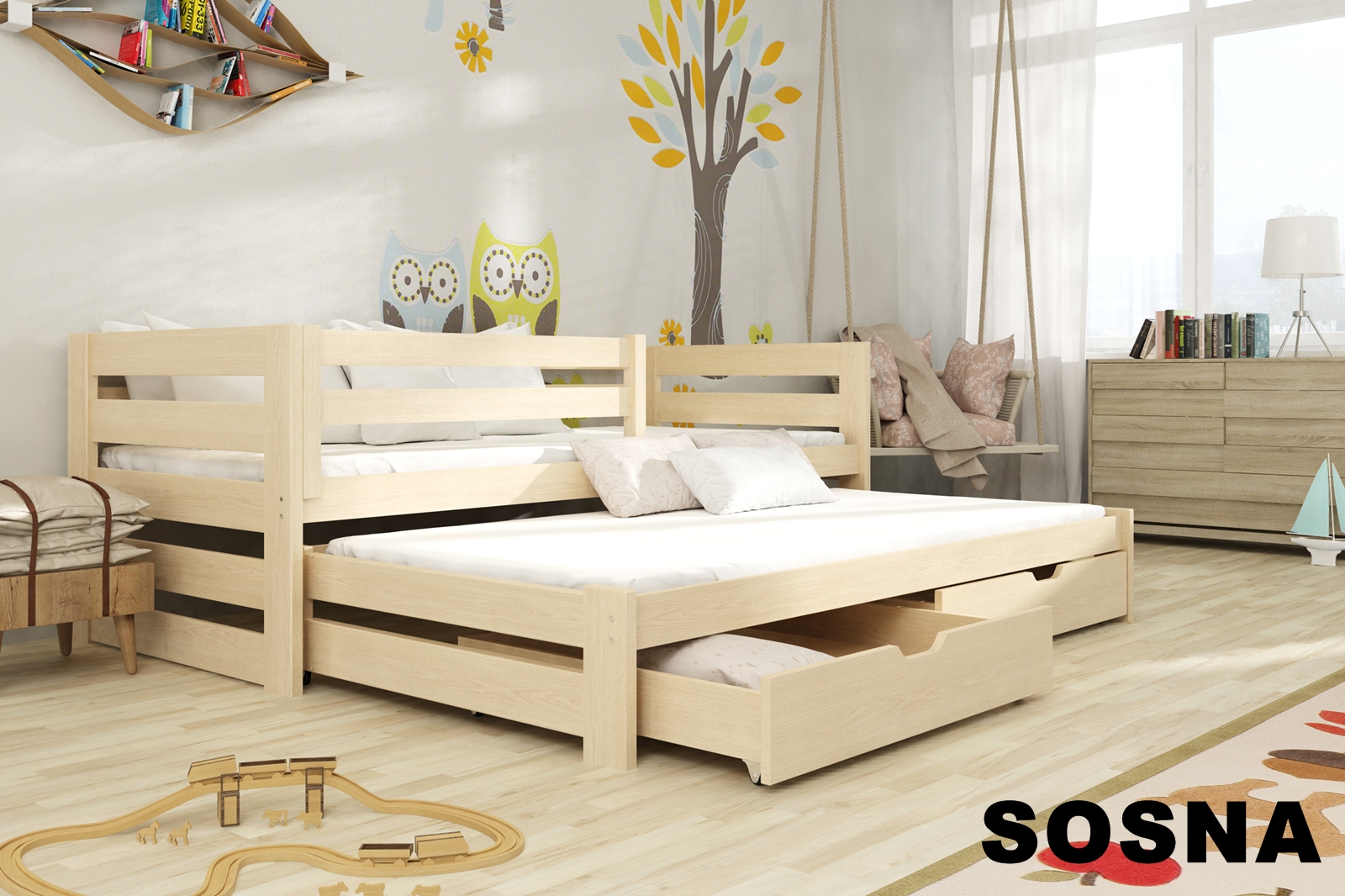 Postel Kubík s výsuvným lůžkem a úložným prostorem 90x190 cm borovice masiv