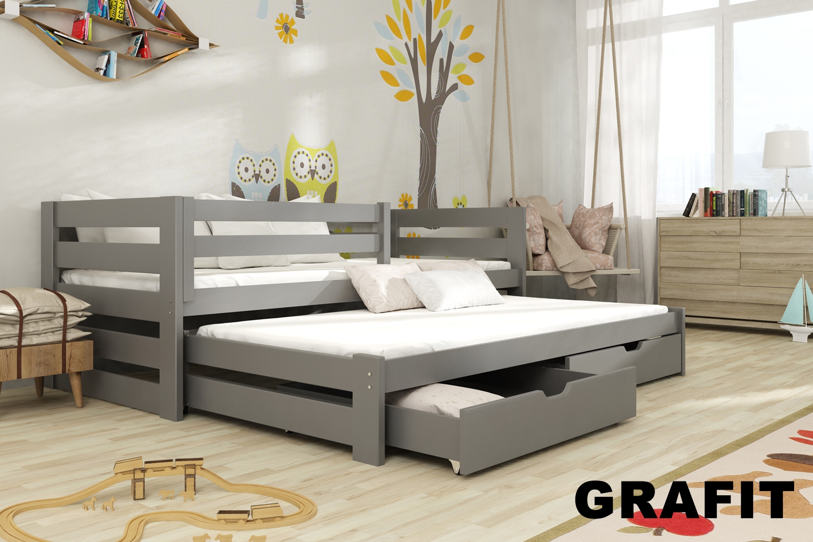 Postel Kubík s výsuvným lůžkem a úložným prostorem 80x180 cm masiv GRAFIT