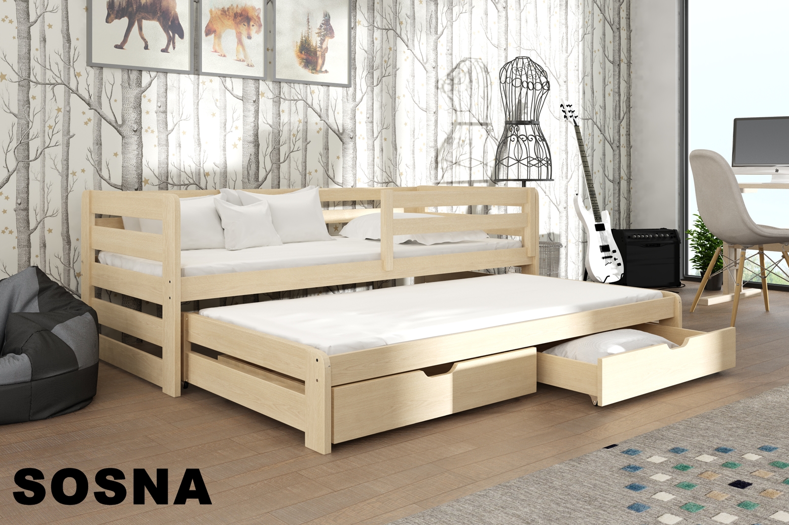 Postel L-Senzum s výsuvným lůžkem a úložným prostorem 80x180 cm borovice masiv 
